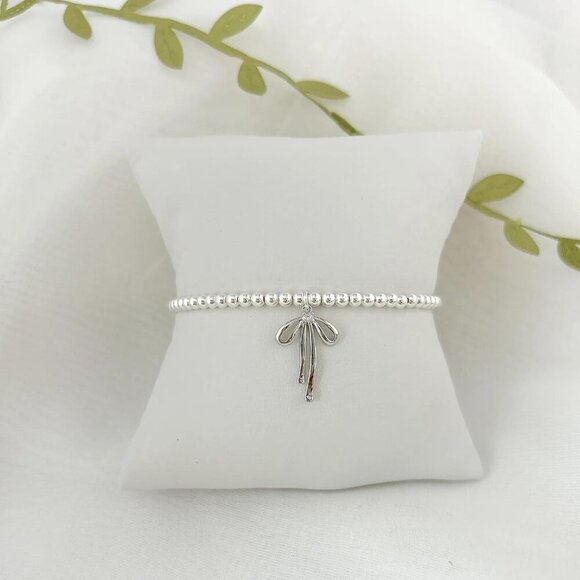 Silver Flower Handmade Stretch Dainty Bead Bow Charm Bracelet for Women - Picture 6 of 7